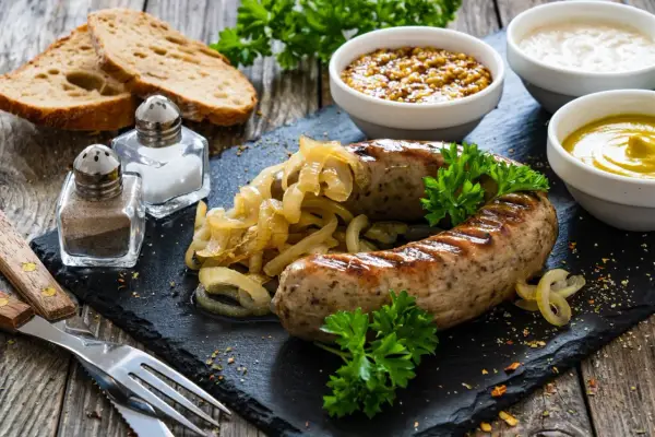 Biała kiełbasa pieczona w cebuli i musztardzie - przepis idealny