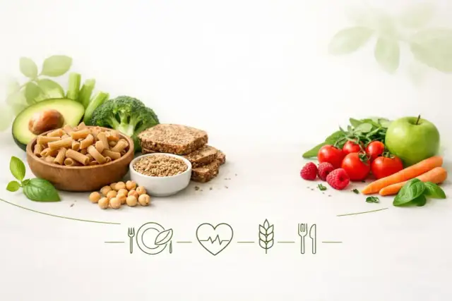 Kompozycja produktów bogatych w błonnik: makaron, pieczywo, warzywa, owoce i nasiona.