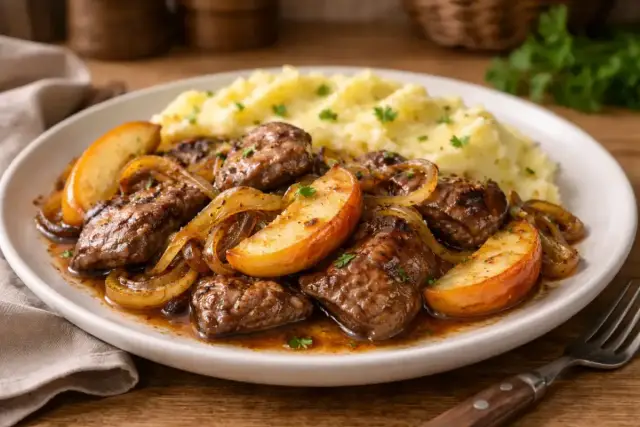 Pyszna wątróbka z jabłkiem i cebulką, podana z purée ziemniaczanym.